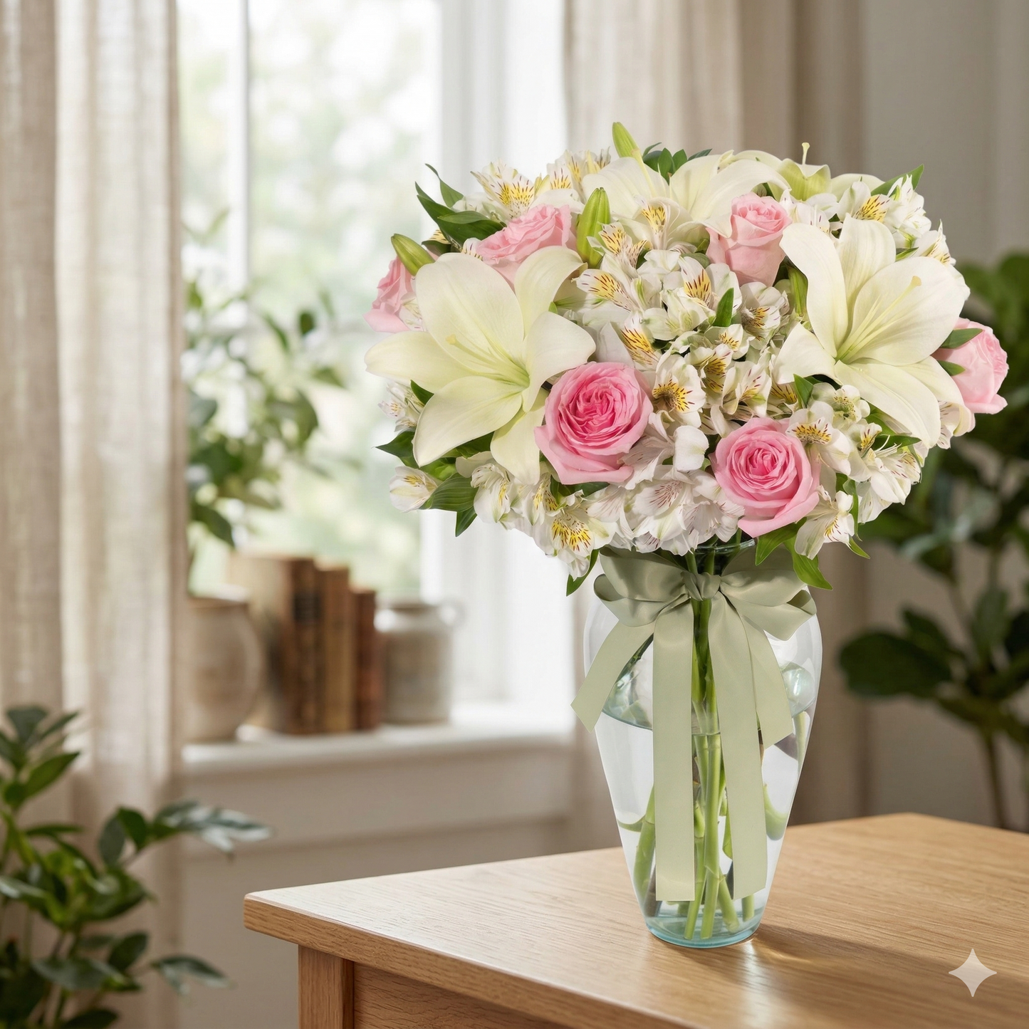 Ramo de Elegancia Natural con Lirios Blancos y Rosas Rosadas en Jarrón