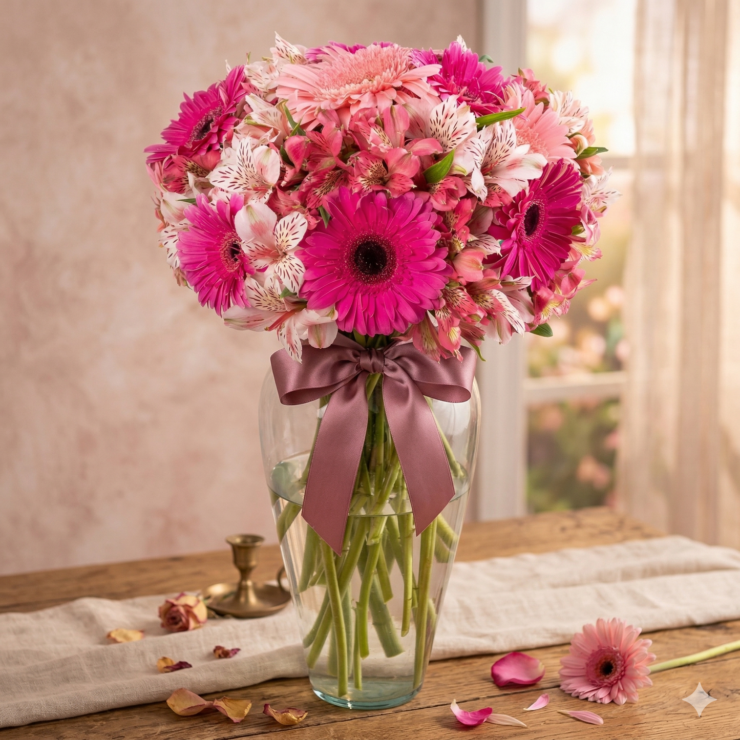 "Jardín de Ensueño Rosa" en Jarrón: Gerberas Fucsia y Alstroemerias